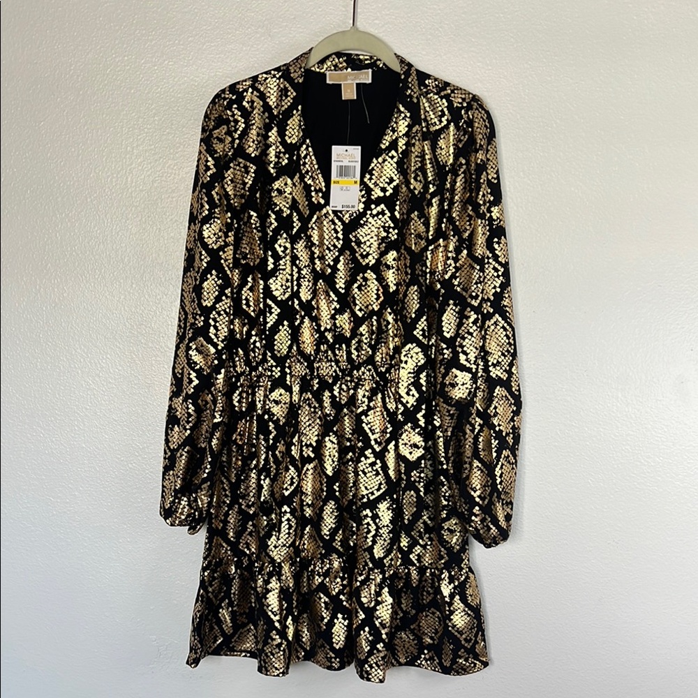 NWT Michael Kors Black & Metallic Gold Snake Print Balloon Sleeve Dress sz M